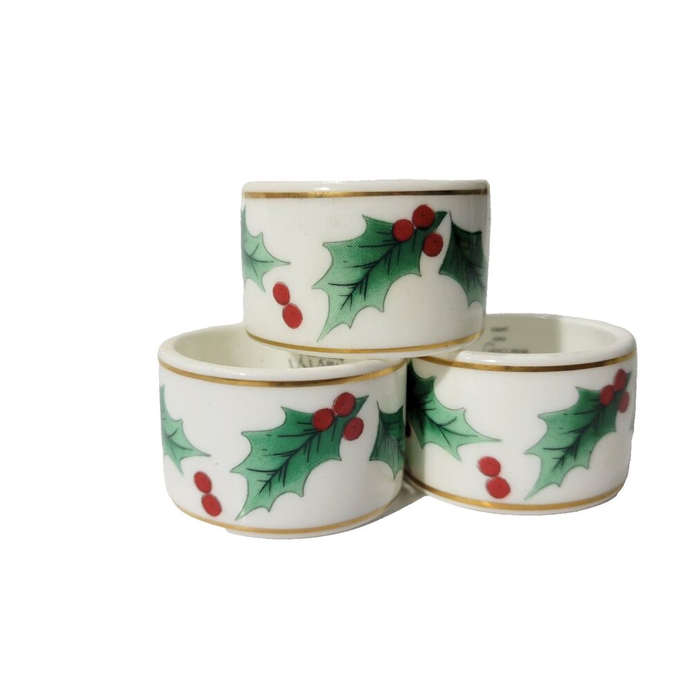 Mikasa Bone China Christmas Holiday Ribbon Holly Set of 4 Napkin Rings